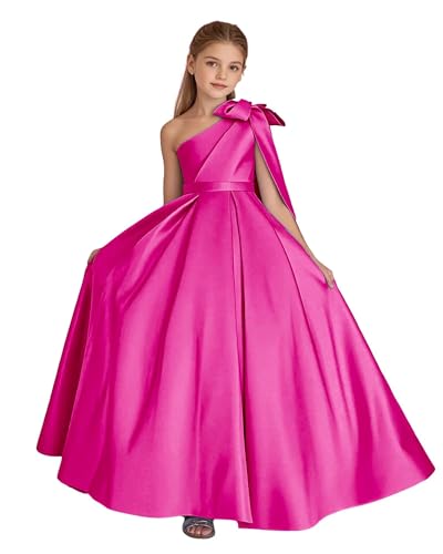 KDTM Flower Girl Dress Satin One Shoulder Pageant Dresses Girls Formal Dress Birthday Party Ball Gowns with Bow