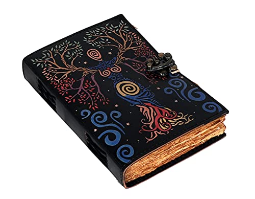 Handmade mother of earth deckle edge paper leather journal writing 7x5 inch notebook tree of life antique bound daily notepad unlined paper cover with colorful print journal for women
