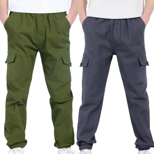 2PC Boys Girls Cargo Pants Childrens Stretch Elastic Waist School Trousers Kids Solid Pocket Twill Joggers Pants