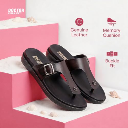 Image of DOCTOR EXTRA SOFT Men's Classic Casual Original Leather Thong Black /Brown Sandals /Chappals with Memory Foam Cushion| Stylish & Non-Slip|Comfortable & Lightweight |Flip flops Slippers Gents & Boys F-3