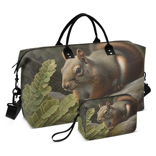 Large Travel Duffel Bag, Squirrel Leaf Sports Tote Gym Bag, Shoulder Weekender Overnight Bag for Women Men, Carry On Luggage with Toiletry Bags