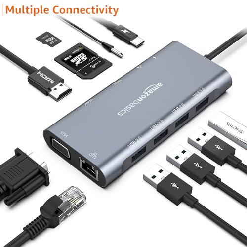 Image of Amazon Basics 11-in-1 USB C HUB Gigabit Ethernet Type-C to HDMI-Compatible VGA 1000M RJ45 PD 100W USB 3.0 HUB Multiport Docking Station Compatible for Laptop Tablet Apple MacBook M1 M2 Chip