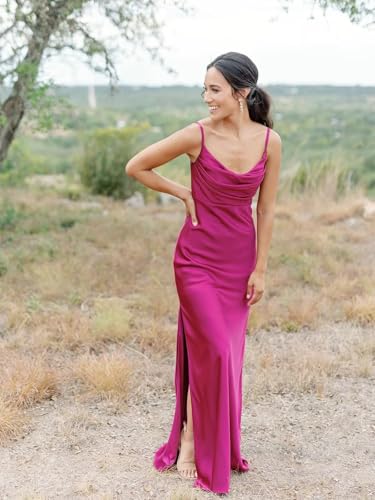 Sevintage Satin Slip Bridesmaid Dresses for Women Spaghetti Strap Long Fitted Prom Formal Evening Gown Slit3