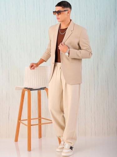 Image of The Indian Garage Co Men Comfort Straight Fit Solid Stretchable Single Breated Knitted Blazers