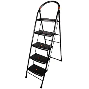 CIPLAPLAST 5 Step Ladder for Home use | Heavy Duty Alloy Steel Foldable Step Ladder with Anti Skid Shoes and Extra Strong Wide Steps | 5 Years Warranty | Milano 5 Steps | GEC-L5M (Black)