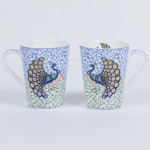 Image of GOLDEN QUEEN'S Mugs & Coaster Set of 2 for Coffee, Tea, Milk - Ideal for Your Daily Beverage Ritual, Hosting & Casual Gatherings | 300ML | Micorwave Safe - Indian Peafowl