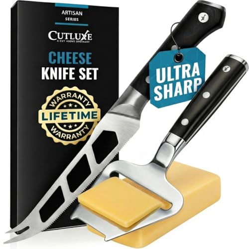 Cutluxe 2-PCS Cheese Knife Set – 5″ Stainless Steel Knife & 3.5″ Slicer for Soft & Hard Cheeses - Sharp Blades, Pronged & Non-Stick, Pakkawood Handles - Cheese Knives For Charcuterie Board
