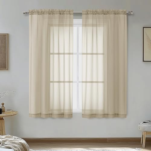 Image of OVZME Taupe Sheer Curtains 54 Inches Long 2 Panels - Soft Light Filtering Window Sheer Panels for Living Room /Bedroom, Top Dual Rod Pocket, 1 Pair, Each 42Wx54L Inches