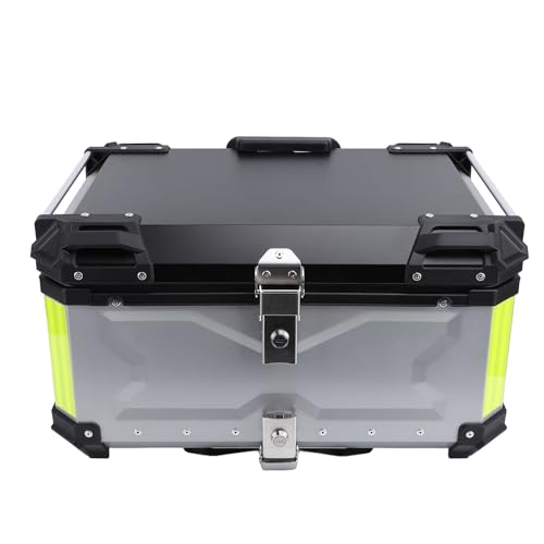 65L Motorcycle Top Case with Security Lock Water Aluminum Alloy Reflective Sticker Trunk Top Box for Helmet Luggage (Silver)