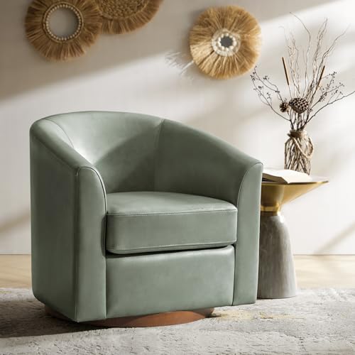 HULALA HOME Genuine Leather Swivel Accent Chair with Solid Wood Base, Round Swivel Barrel Chair for Living Room and Bedroom, Sage