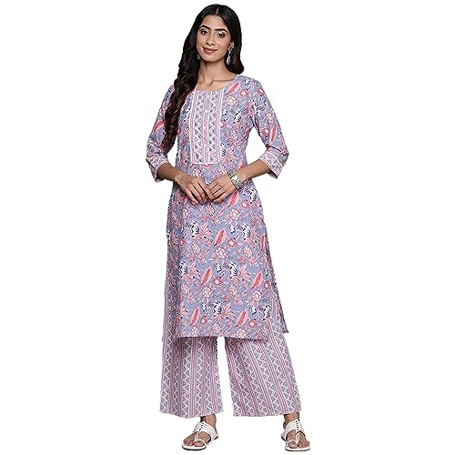 Image of anubhutee Women's Cotton Blend Floral Printed Off White Straight Kurta Suit Set with Trousers