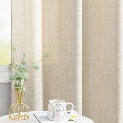 Image of jinchan Beige Curtains for Living Room Bedroom Linen Textured 63 Inches Length Farmhouse Casual Weave Back Tab Drapes Light Filtering Window Curtains 2 Panels Heathered Beige