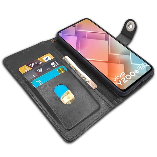 Image of Pikkme Vivo T3 5G / Vivo Y200e 5G Flip Cover Leather Finish | Inside TPU with Card Pockets | Wallet Stand and Shock Proof | Complete Protection Button Flip Case (Black)
