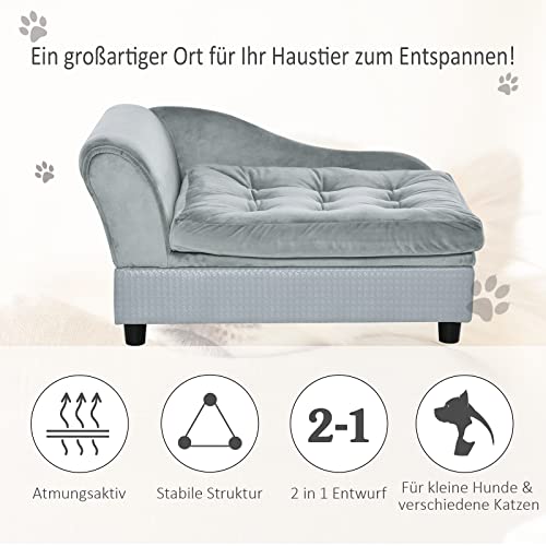 PawHut Hundesofa Hundebett Hundecouch aus Plüsch mit Lagerraum, Rückenlehne, Kissen Katzensofa für kleine Hunde 76 x 45 x 43 cm Hellgrau