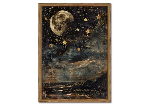 Dark Moon and Stars Wall Art, Vintage Witchy Academia Wall Decor, 3D Texture Hand Drawn Sandstone Moody Mystical Celestial Painting Artwork for Bedroom Living Room 12x16 inch Wood Framed