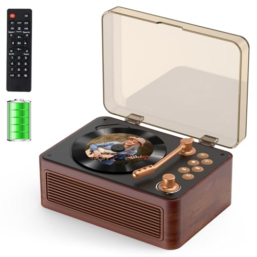 Gueray Tragbarer Bluetooth CD-Player mit Lautsprechern 3600mAh Wiederaufladbarer Vintage CD Spieler für Zuhause, Retro Walnussholz CD Players FM-Radio mit Fernbedienung, Unterstützt USB AUX Wiedergabe