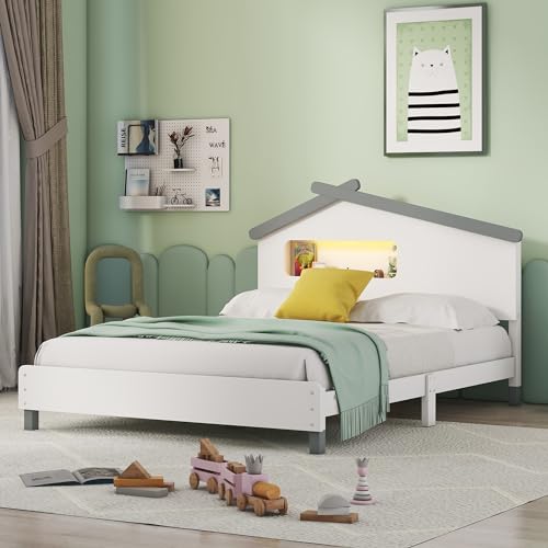 Image of Full Size House Platform Bed with LED Lights, Wood Kids Floor Bed Frame with Headboard and Slats Support, No Box Spring Needed, White with Gray