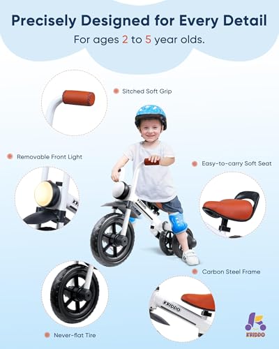 Image of KRIDDO 2-in-1 Kids Balance Bike and Kids Tricycle for 2 to 5 Year Old, Toddler Balance Bike with Detachable Pedals, Tricycles for 3-5 Year Olds with Stitched Soft Grip, White