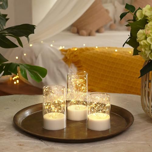 Image of LED Flameless Candles with Warm White Fairy Lights in Glass Cylinder, Battery Operated, Realistic Flickering Effect, Decorative Lights for Bedroom, Living Room, Wedding & Home Decor (Set of 3)