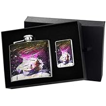 Retro Model Starry Night Stainless Steel Liquor Shot Flask Flip Top Silver Lighter Gift Set