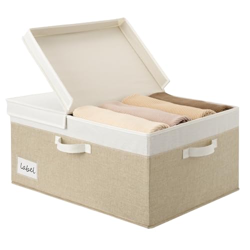 GRANNY SAYS Aufbewahrungsbox mit Deckel Groß Stoff, 1 Stück Kleiderschrank Stoffkiste mit Deckel Dekorativ, Faltbare Aufbewahren Box Groß für Kleidung Spielzeug, Weiß-Braun Kiste Aufbewahrung