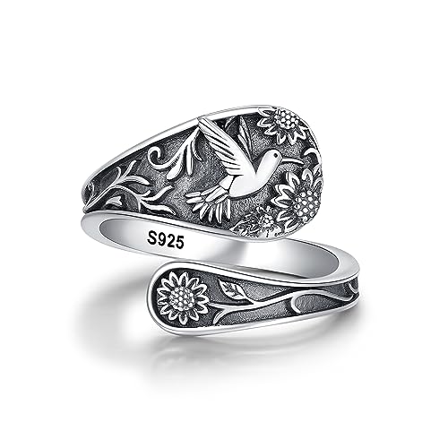 SILVWHIS Spoon Ring Sterling Silver Hummingbird Ring Vintage Antique Spoon Rings Adjustable Thumb Rings for Women (sunflower 6# 7# 8#)