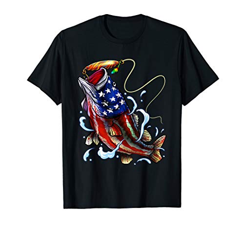 Bass Fishing Fish Angler Dad Father Gift American Flag T-Shirt