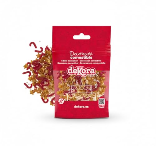 dekora – Sprinkles de Navidad 100g, confeti de azúcar comestible en blíster, decoraciones dulces en forma de estrellas, bastones y bolitas, tartas, galletas y cupcakes