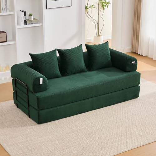 EURHCIO Canapé 2 Places en Velours côtelé,Canapé Lit Convertible Multifonctionnel Moderne,Poches Latérales et 3 Coussins,DIY Libre,pour Salon,Chambre,Bureau (Vert-L)