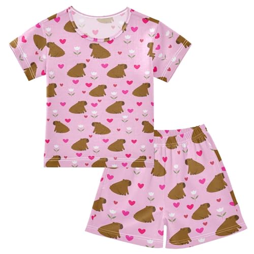 Capybara Heart Flower Pajama Set Short Sleeve PJS 2 Piece Summer Pajamas Shorts Sets Cotton 5Y