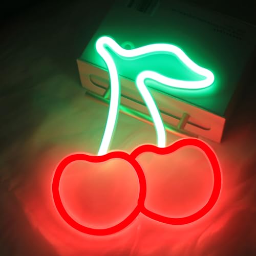 Image of Cherry Neon Sign Red Green Cherries Neon Lights Cute Fruits LED Signs for Kids Room Restaurant Bar Fruit Shop USB Battery Neon Signs for Wall Decor