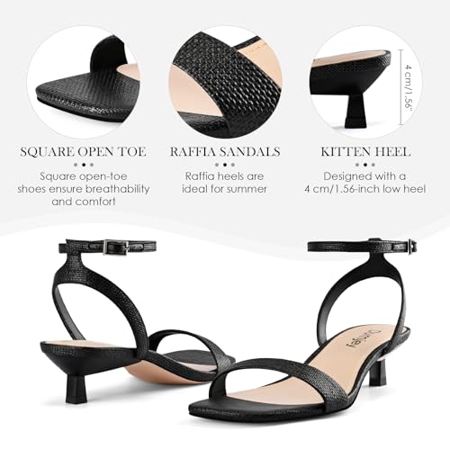 Image of Women Kitten Heel Raffia Sandals Ankle Strap Low Heeled Sandals Square Open Toe Dress Party Shoes - Raffia Black 10 US