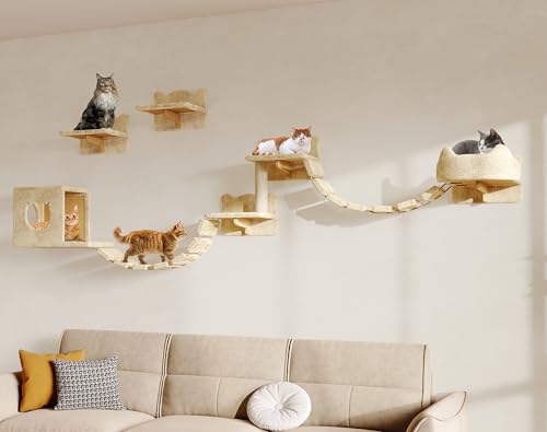 Homiflex Cat Wall Shelves 9-in-1 Stable & Safe Cat Wall Furniture Set with Scratching Post Multi-Level Cat Climbing Wall Systems Wall Mounted Cats Shelf for Space-Saving with Bridge Ladder Beige