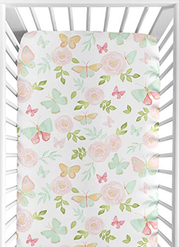 Image of Sweet Jojo Designs Blush Pink, Mint and White Watercolor Rose Baby or Toddler Fitted Crib Sheet for Butterfly Floral Collection