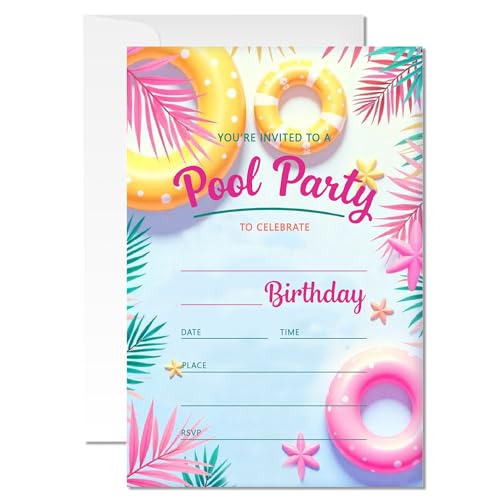 ZYQFN 20 Birthday Pool Party Invitations, Tropical Summer Theme Invite