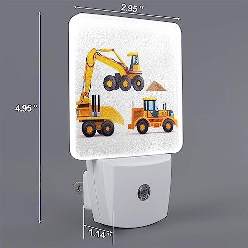 Image of Machinery Excavator Truck and Loader LED Plug-in Night Lamp 2 Piece Set, Auto Sensor Cartoon Boy's Toy Nightlights Set of 2 for Bedroom Bathroom
