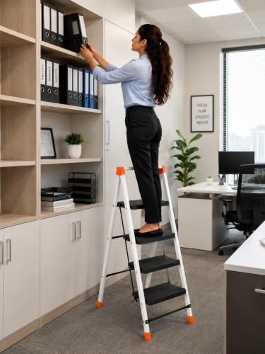Image of CIPLA PLAST Polo 4-Step Foldable Ladder for Home & Office | Heavy Duty Anti-Slip Wide Steps | Lightweight Aluminium Step Stool | Safety Lock & Non-Slip Feet | Multi-Purpose Folding Ladder