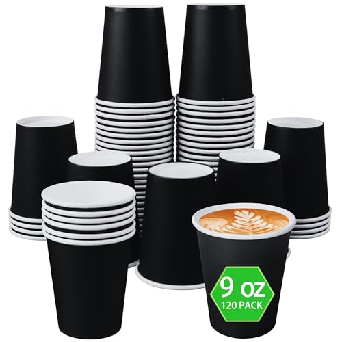 Sveikie 120-pack 9 oz Black Paper Cups - Disposable paper cups for hot drinks, cold drinks, coffee cups, tea, and other beverages - Holiday Party DIY Office Drinking Cup Supplies (Black)
