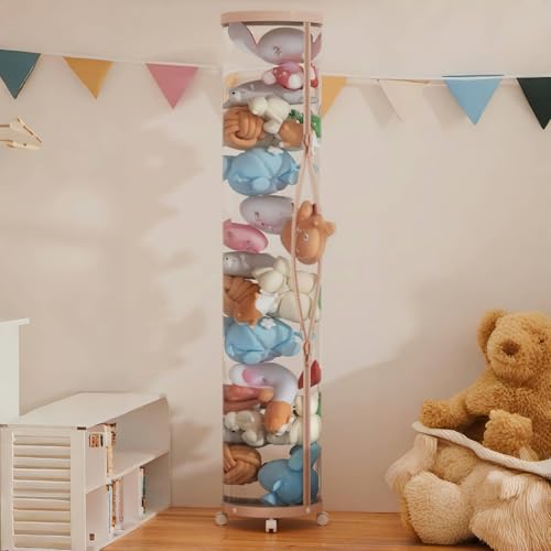 Flarelyare Stuff Animal Organizer,Stuffed Animal Zoo Storage,Stuffed Animal Storage Tube, PET Transparent Bucket with Zipper for Kids Toy Organizer Toy Storage Box with Lid (Pink)