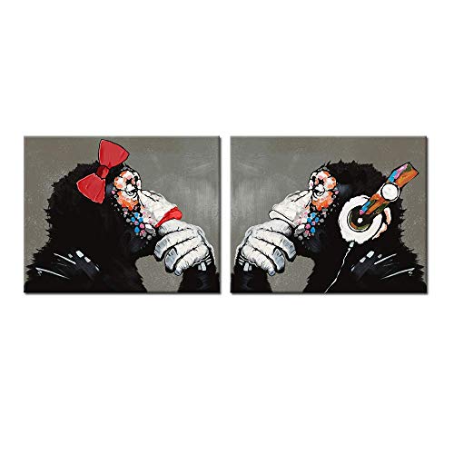 Kreative Arts Modern Framed Canvas Painting Thinking Gorilla Monkey with Headphones Wall Art Music Animal Posters Prints Home Decor Stretched and Framed Ready to Hang 16x20inchx2pcs