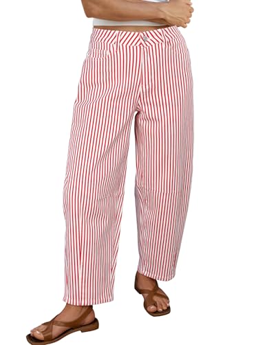 luvamia Stretchy Barrel Jeans for Women Trendy Baggy Wide Leg Striped High Waisted Cropped Casual Pinstripe Stretchy Denim Outfits for Women Striped Pants Red Medium US Size 8-10