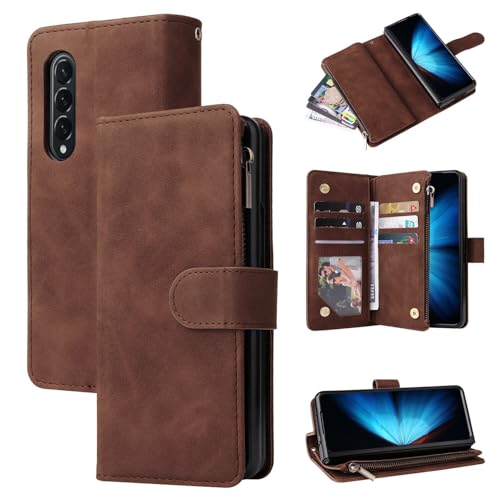 Étui de protection Samsung Z Fold 5 en cuir marron avec fermeture éclair portefeuille