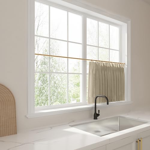 Image of TWOPAGES 34 inch inch W x 30 inch inch L Linen Blend Cafe Curtains for Kitchen Window, Light Filtering Pinch Pleated Tier Curtains, Modern Farmhouse Half Window Curtains for Small Window, Grey Beige, 2 Panels