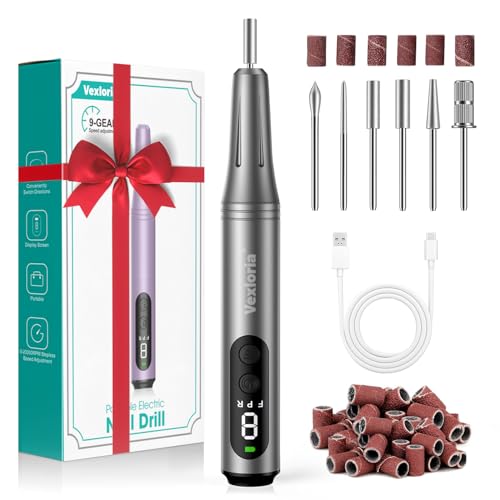Vexloria Torno para Uñas, 20000 RPM Lima Eléctrica Uñas Seguro, Lima Eléctrica para Uñas de Gel y Acrílicas, Torno sin Cable con Velocidad Ajustable para Manicura y Pedicura, Gris