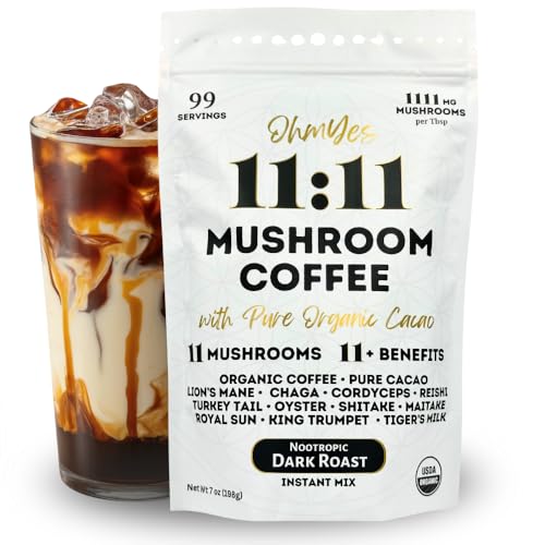 OhmYes 11 Mushroom Coffee + Cacao – Organic Superfood Blend with 11 Functional Mushrooms Lion's Mane, Reishi, Chaga, Cordyceps & Theobromine – Natural Focus & Energy (7 oz)
