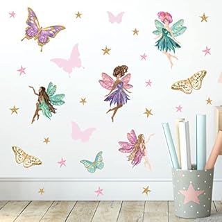 Get Sticking Decor Fairy Wall Stickers Collection, Removable Repositionable Peel an Stick Decals, Nursery Playroom Bedroom Decorations for Boys an Girls Main Color Purple Pink, Fary7. (Large)