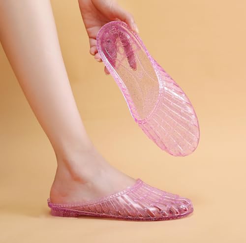 Image of Womens Jelly Shoes, White Jellies Sandals Glitter Clear Flats Slip On Summer Beach Slippers Transparent Closed Toe Soft Slide