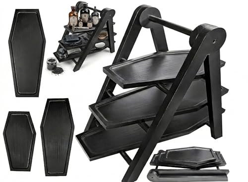 20'' Tall 3 Tiered Coffin Shelf Tray Decor for Gothic Wedding Party Food, for Goth Home Acessories Vanity Jewelry, Kitchen Fruits Dish, Bathroom Toiletries Display