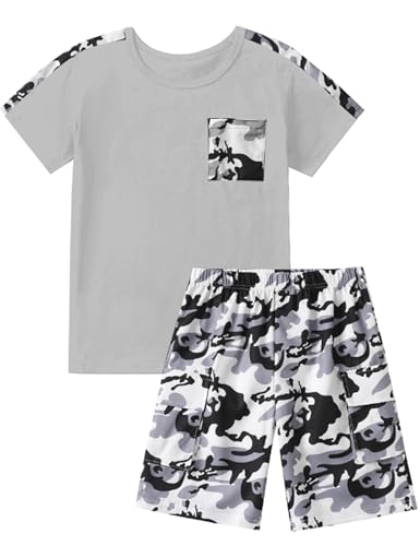 Image of mksodopy Boys Summer Outfit Set 2 Piece T Shirt and Camo Shorts Casual Clothes for Little Big Boys 5-16