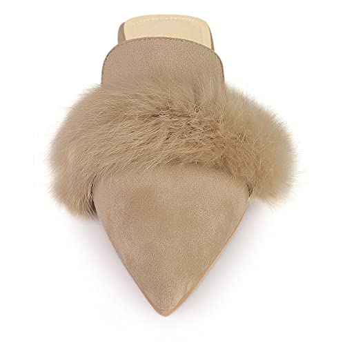 Allegra K Allegra K Women's Pointed Toe Faux Fur Slip on Flat Slide Beige Mules 10 M US